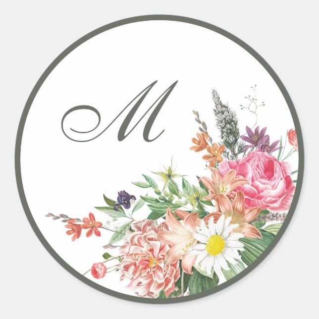 Blumenmonogramm-Hochzeitsstipps Runder Aufkleber (Vorderseite)