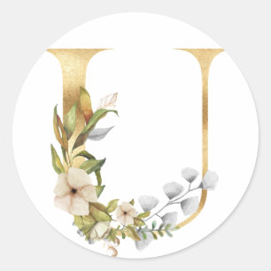Blumenmonogramm in Gold Klassischer runder Aufkleb Aufkleber