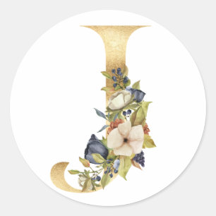 Blumenmonogramm in Gold Klassischer runder Aufkleb Aufkleber