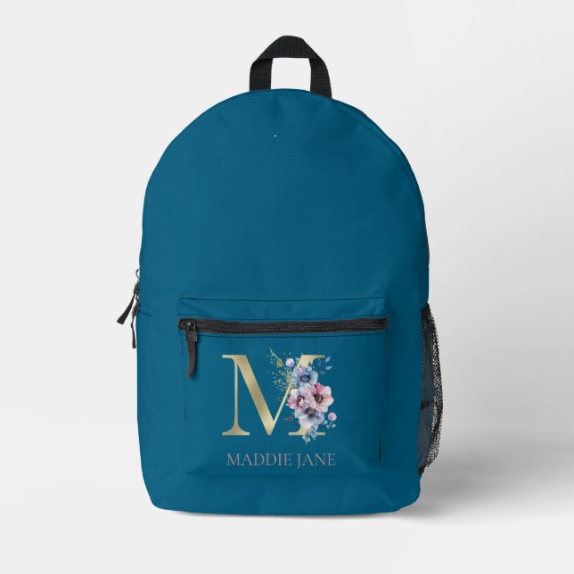 Blumenmonogramm M Name  Bedruckter Rucksack (Vorderseite)