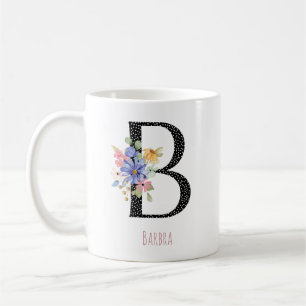 Blumenmonogramm Name B Schwarz Polka Punkt Kaffeetasse