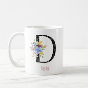 Blumenmonogramm Name D Schwarze Polka-Dot-Tasse Kaffeetasse