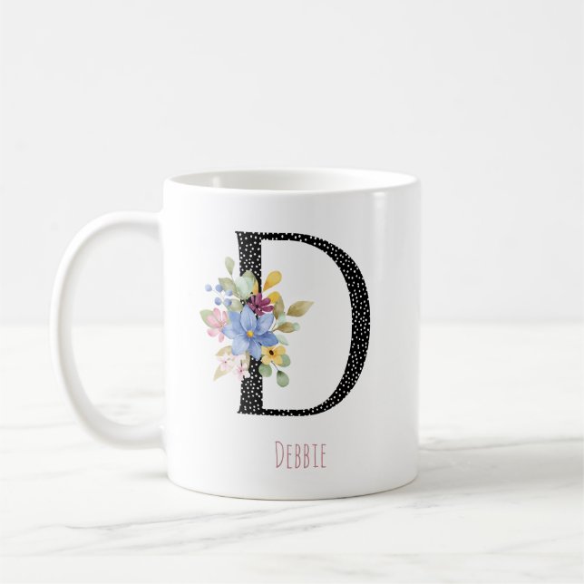 Blumenmonogramm Name D Schwarze Polka-Dot-Tasse Kaffeetasse (Links)