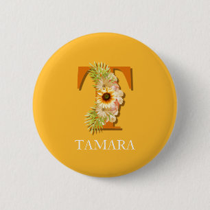 Blumenmonogramm Sonnenblume mit Namen Buchstabe T Button