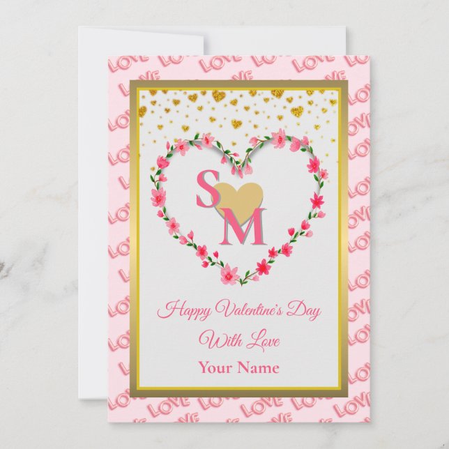 Blumenmonogramm Valentinstag mit goldenem Herzen (Vorderseite)