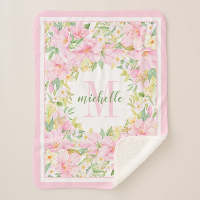 Blumenmonogramm Wasserfarbenröhre Rosa Baby Girl Sherpadecke (Vorderseite)