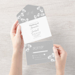 Blumenmotif Gray White Wedding All In One Einladung