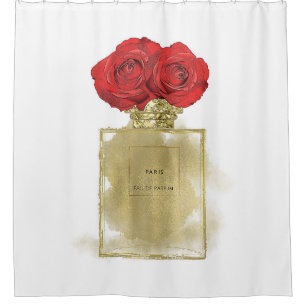 Blumenmotiv Parfüm Flasche Rote Rosen Gold Glam Duschvorhang