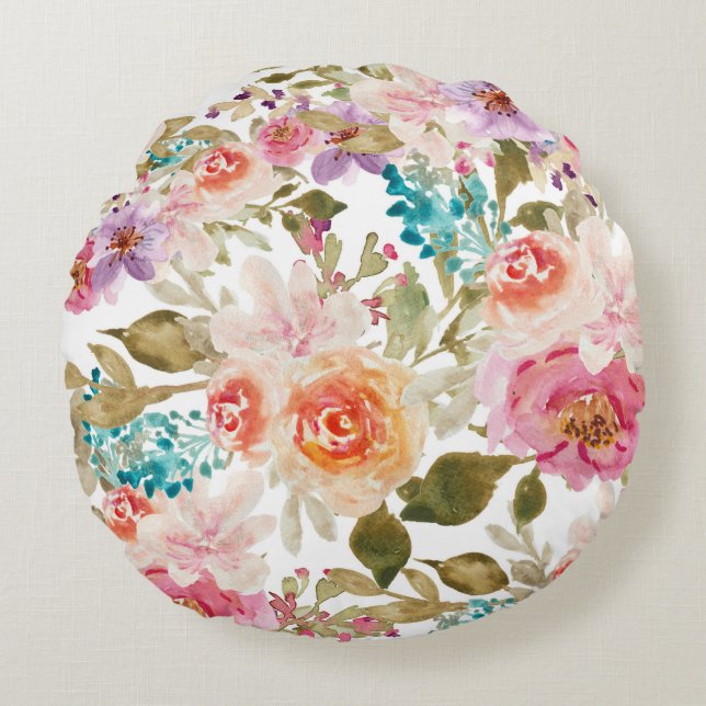 Blumenmotive in Wasserfarben Rundes Kissen (Vorderseite)