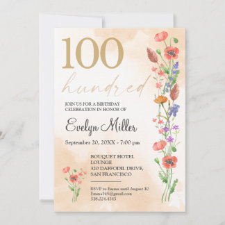 Blumenmuster 100. Geburtstag - Goldene Wildblumen Einladung