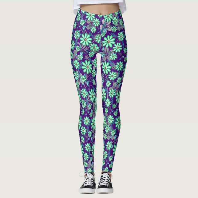 Blumenmuster 17.b D Lila BG Leggings (Vorderseite)