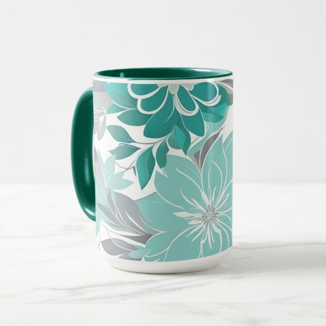 Blumenmuster, Aqua, Aquamarin, Türkis und Grau Tasse (Vorderseite Links)