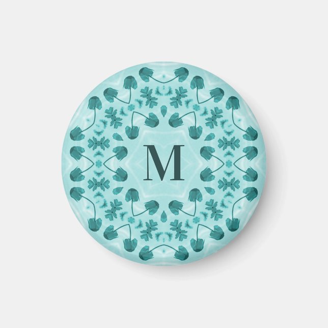 Blumenmuster, Aquamarin Blue Initial Magnet (Vorne)