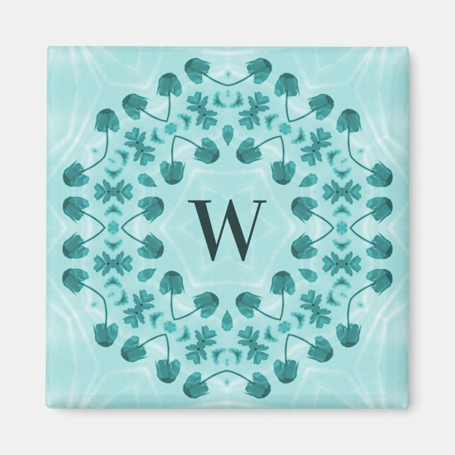 Blumenmuster, Aquamarin Blue Initial Magnet (Vorne)