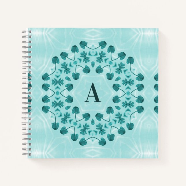Blumenmuster, Aquamarin Blue Initial Notizbuch (Vorderseite)