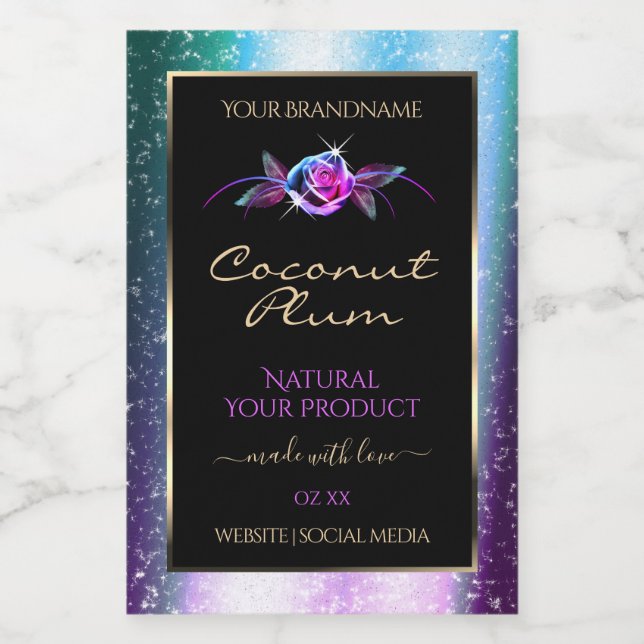 Blumenmuster Aquamariner Lila Glitzer Schwarze Pro Lebensmitteletikett (Einzelnes Label)