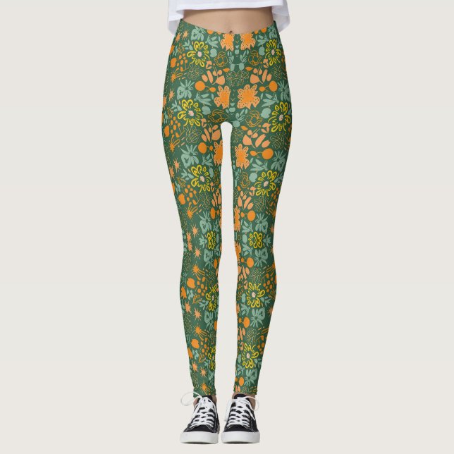 Blumenmuster auf dunkelgrünem Hintergrund  Leggings (Vorderseite)