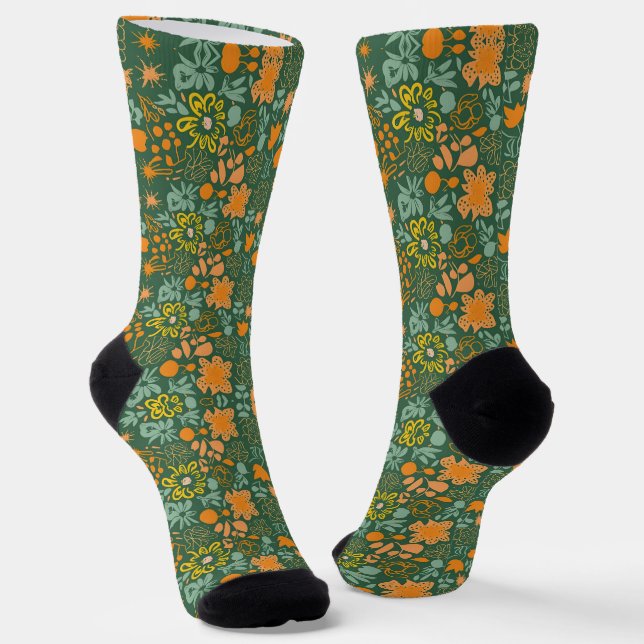 Blumenmuster auf dunkelgrünem Hintergrund  Socken (Gewinkelt)
