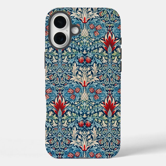 Blumenmuster auf grünen Blättern, blauer Hintergru Case-Mate iPhone Hülle (Rückseite)