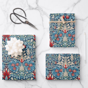 Blumenmuster auf grünen Blättern, blauer Hintergru Geschenkpapier Set