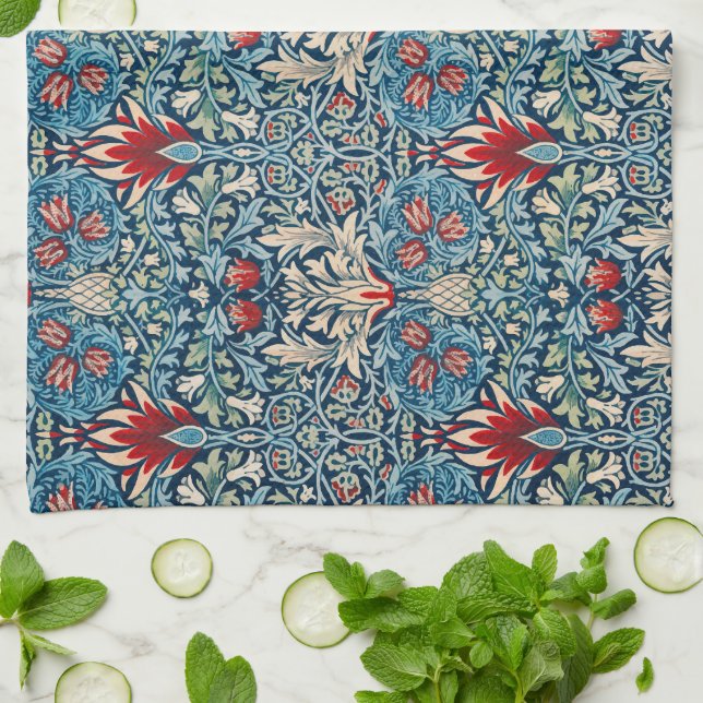Blumenmuster auf grünen Blättern, blauer Hintergru Geschirrtuch (Gefaltet)