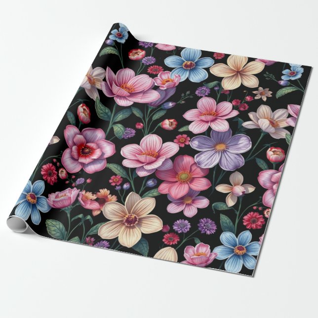 Blumenmuster auf schwarzem Papier Geschenkpapier (Ungerollt)