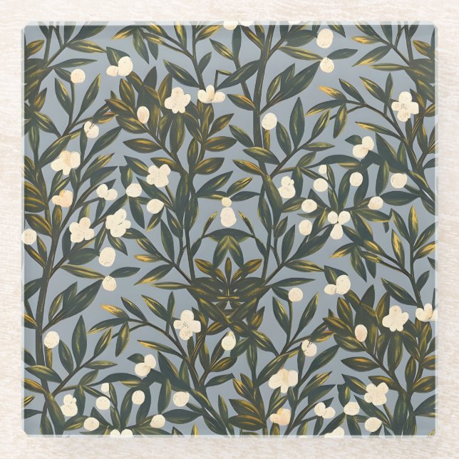 Blumenmuster auf staubgrauem Hintergrund Glasuntersetzer (Vorderseite)