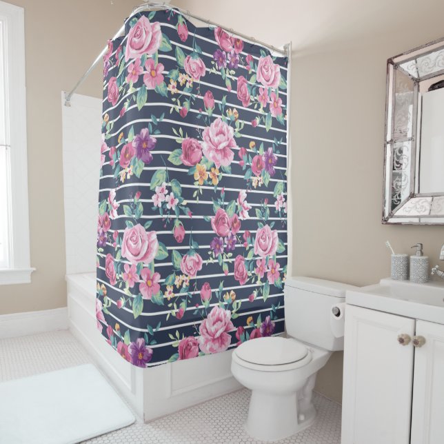 Blumenmuster auf Stripe-Rose Blattrosa Lila Duschvorhang (Beispiel)