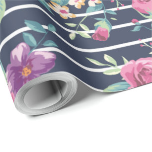 Blumenmuster auf Stripe-Rose Blattrosa Lila Geschenkpapier