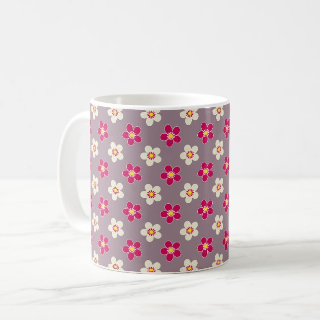 Blumenmuster aus karmesinroten und weißen Blumen a Kaffeetasse (Vorderseite Links)