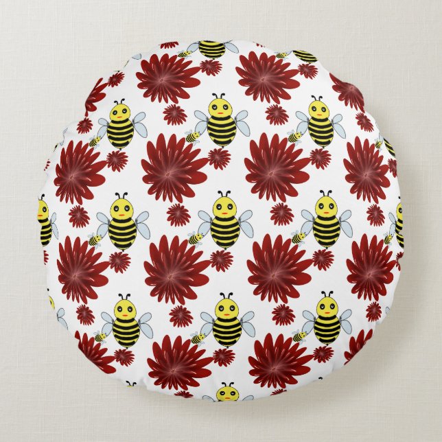 Blumenmuster Bienen  Rundes Kissen (Vorderseite)