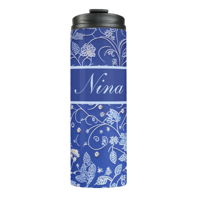 Blumenmuster blau, hellblau thermosbecher (Vorderseite)