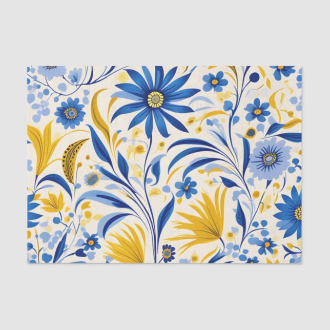 Blumenmuster Blau und Gelb Blätter Muster Seidenpapier (Vorderseite)