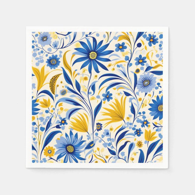 Blumenmuster Blau und Gelb Blätter Muster Serviette (Vorderseite)
