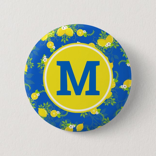 Blumenmuster Blau und Gelb Lemons Blumenmuster Button (Vorderseite)