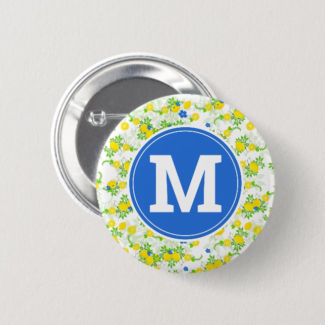 Blumenmuster Blau und Gelb Lemons Blumenmuster Button (Vorne & Hinten)