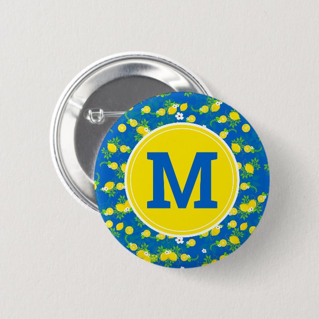 Blumenmuster Blau und Gelb Lemons Blumenmuster Button (Vorne & Hinten)