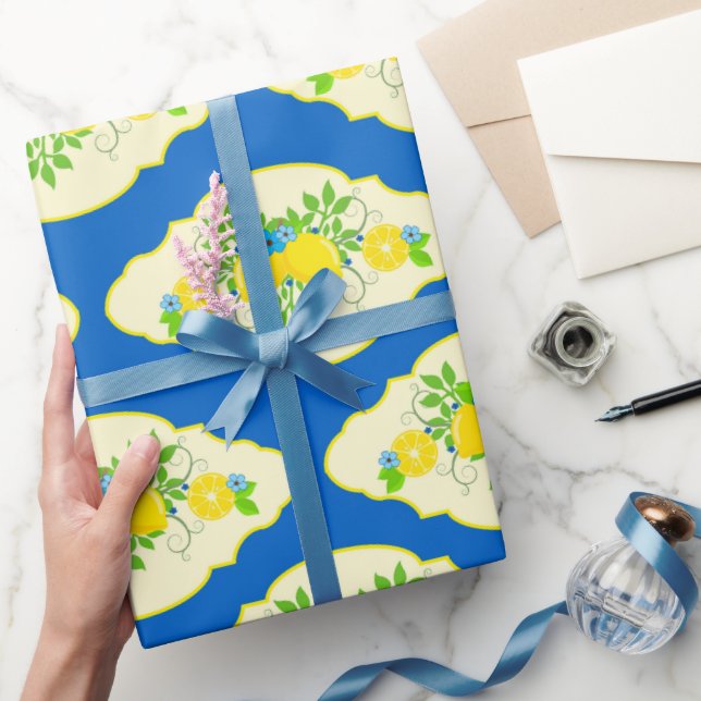 Blumenmuster Blau und Gelb Lemons Blumenmuster Geschenkpapier (Schenken)