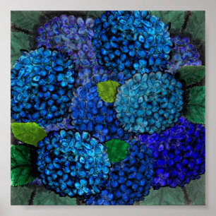 Blumenmuster, blauer Hydrangea-Druck Poster