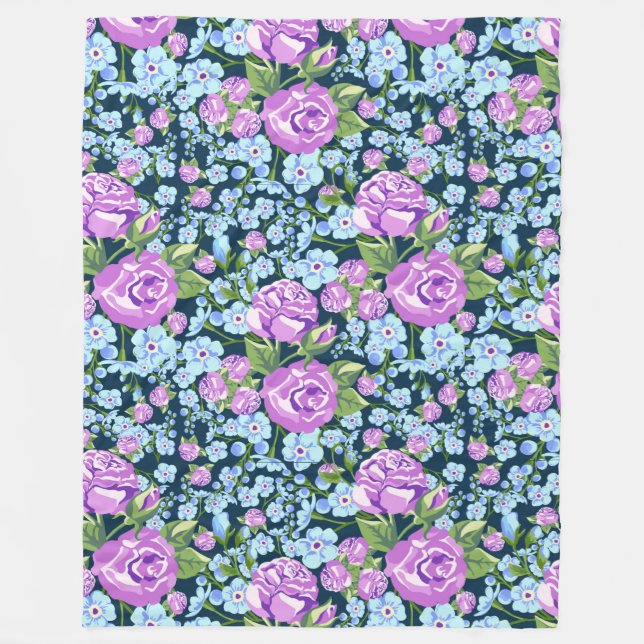 Blumenmuster-Blume in Vollblut Blau Lila Fleecedecke (Vorderseite)