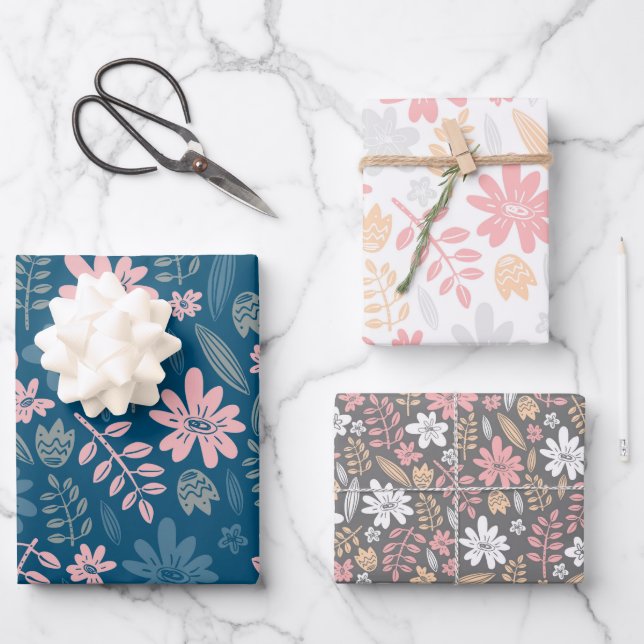 Blumenmuster Blume von Hand gezogenes Blütenblatt Geschenkpapier Set (Vorderseite)