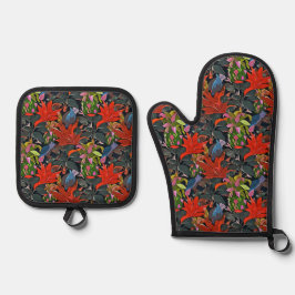 Blumenmuster Blumen Laub Rot Pink Grün Blau Ofenhandschuh & Topflappen-Set