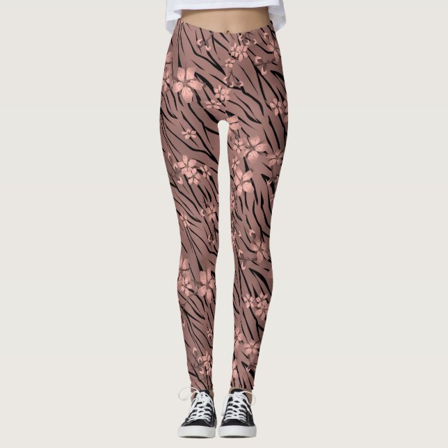 Blumenmuster, braun, Tigermuster Leggings (Vorderseite)