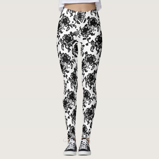 Blumenmuster Delikate Schwarze Spitze Leggings (Vorderseite)