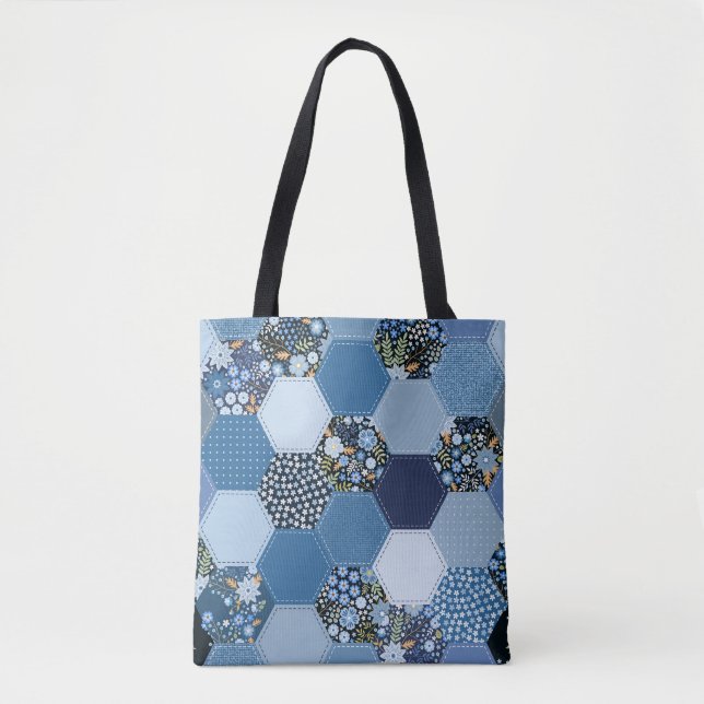 Blumenmuster, Denim Patchwork: blaues Muster. (Vorderseite)