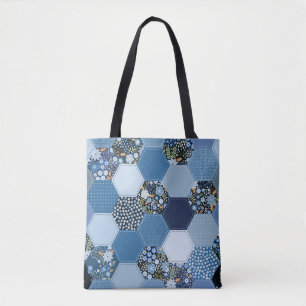 Blumenmuster, Denim Patchwork: blaues Muster.