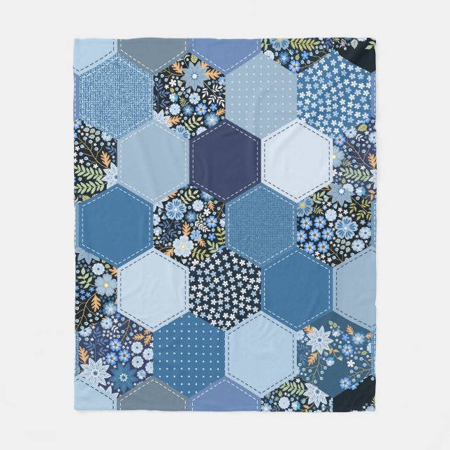 Blumenmuster, Denim Patchwork: blaues Muster. Fleecedecke (Vorderseite)