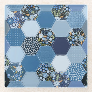 Blumenmuster, Denim Patchwork: blaues Muster. Glasuntersetzer