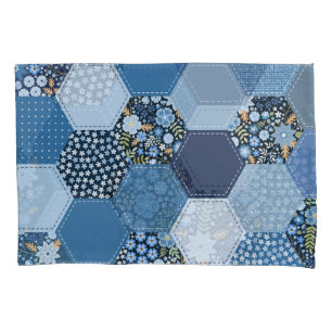 Blumenmuster, Denim Patchwork: blaues Muster. Kissenbezug