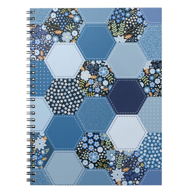 Blumenmuster, Denim Patchwork: blaues Muster. Notizblock (Vorderseite)
